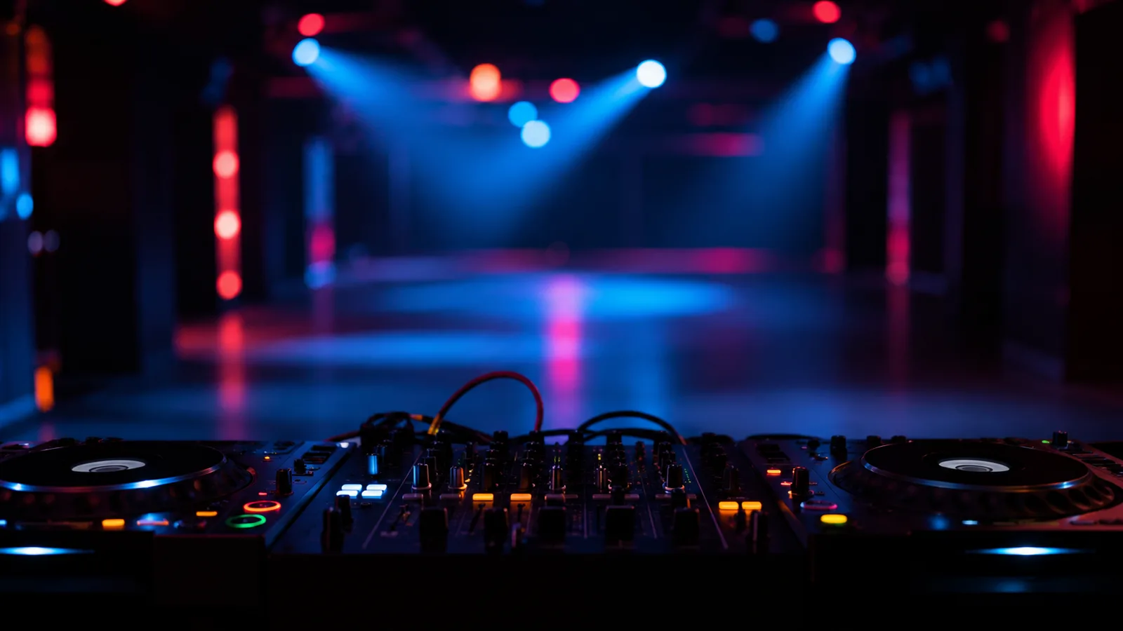 Mesa de mezclas de DJ profesional con luces de neón en una sala de conciertos
