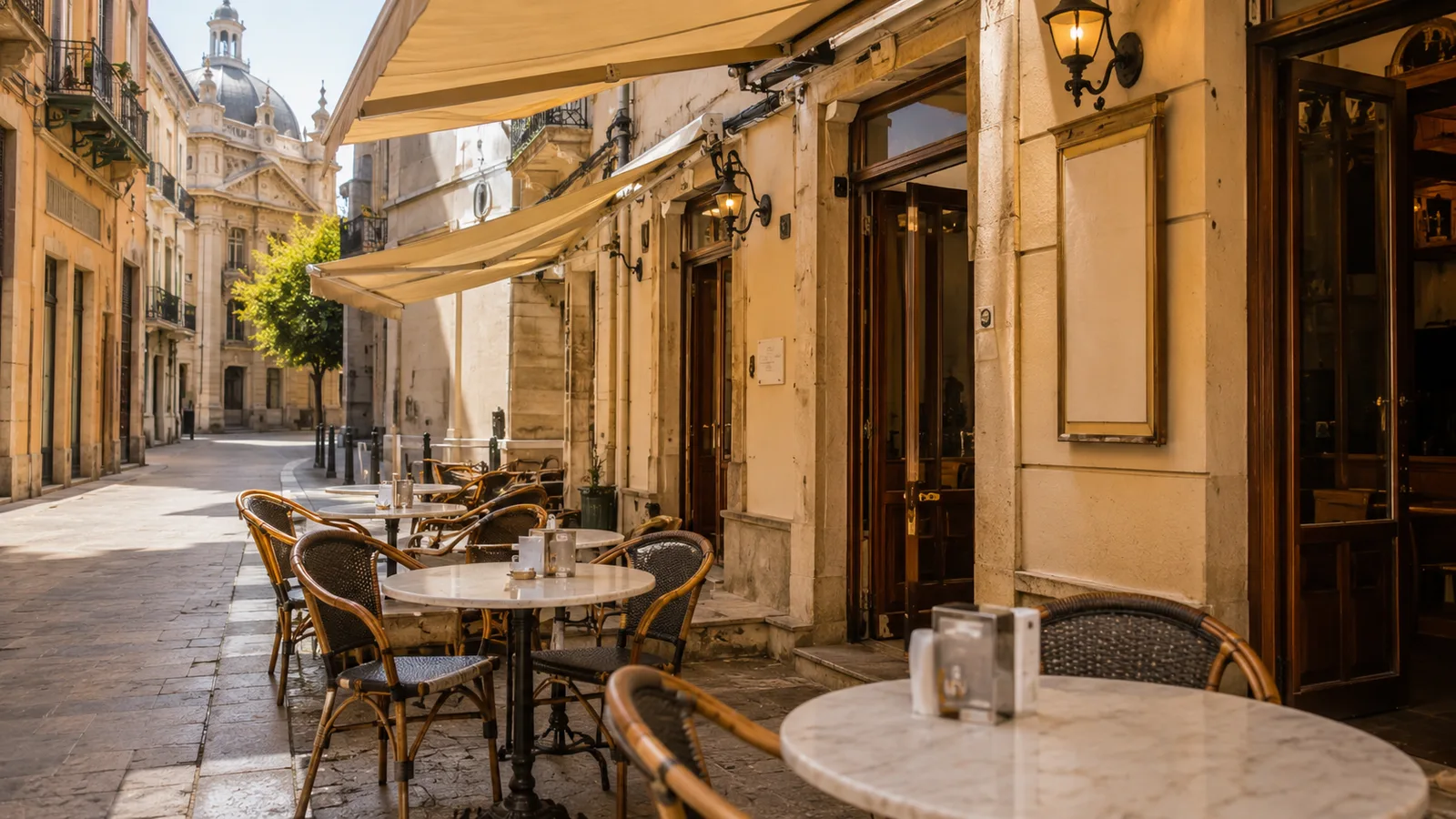 Terraza de un bar tradicional en una calle del centro histórico de Murcia